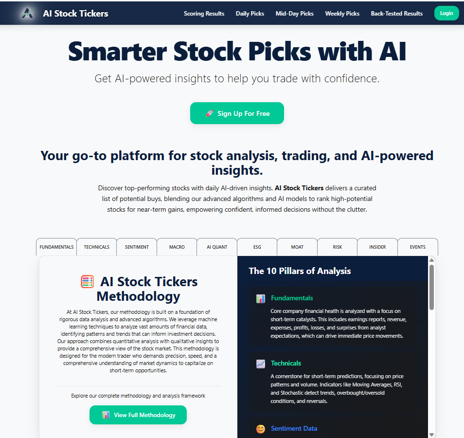 AI Stock Tickers investment platform interface showing real-time market analysis, AI-powered stock recommendations, and comprehensive trading dashboard for intelligent investing decisions